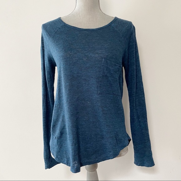 Madewell linen classic long sleeve t shirt top in heathered blue semi sheer - Picture 2 of 8